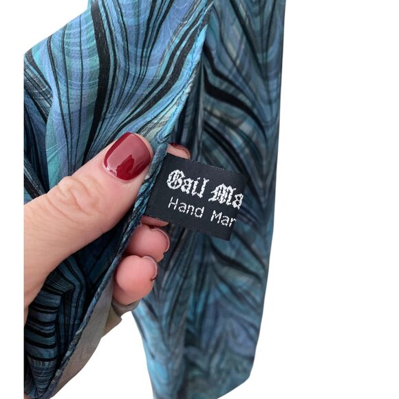 Gail Mackenzie Silk Hand Made Blue Patterned Scarf Rectangle Floral Marbelized - Picture 4 of 6